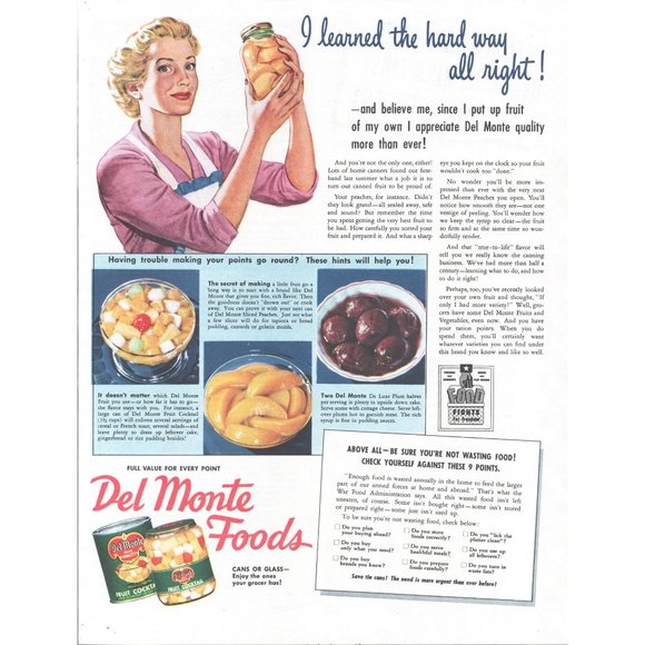 1944 Del Monte Foods Canned Fruit Cocktail Vintage Print Ad WW2 Housewife Art - Picture 1 of 1
